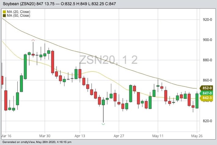 CBOT July 2020 soybeans with 20- and 50-day moving averages. (Barchart)
