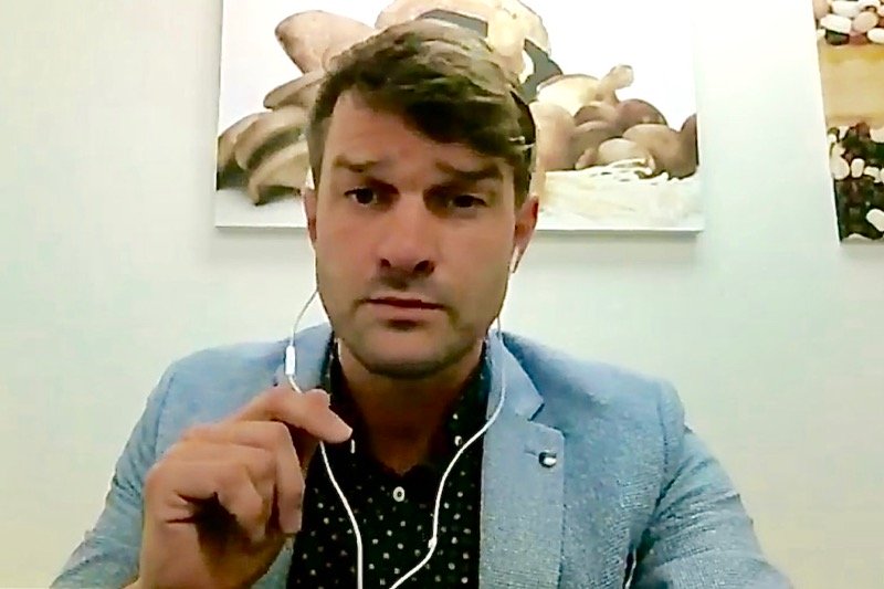 Canadian Mushrooms Growers’ Association CEO Ryan Koeslag speaks online with members of the Commons standing ag committee. (Video screengrab from Parl.gc.ca)
