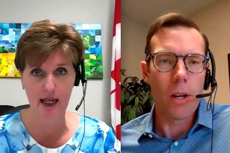 Federal Agriculture Minister Marie-Claude Bibeau and Conservative ag critic John Barlow discussed the impact of carbon pricing on farm expenses when Bibeau addressed an agriculture committee meeting on June 10, 2020. (Video screengrabs from Parl.gc.ca)
