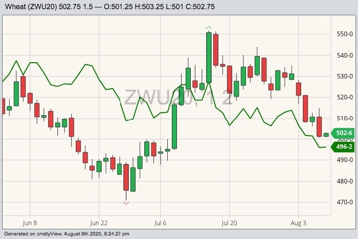 CBOT September 2020 wheat (candlesticks) with MGEX September 2020 wheat (green line). (Barchart)
