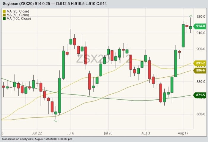 CBOT November 2020 soybeans with 20-, 50- and 100-day moving averages. (Barchart)
