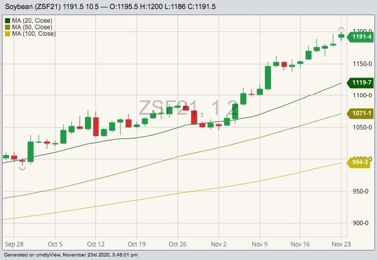 CBOT January 2020 soybeans with 20-, 50- and 100-day moving averages. (Barchart)
