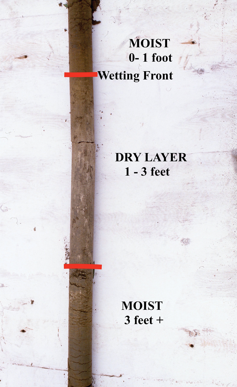 A soil core showing the dry layer from one- to three-foot depths. In this situation, the only plant-available water is in the top foot. Roots will not penetrate the dry layer to access the moist soil beneath. Sufficient rain must fall to wet up the dry layer before the deeper moisture comes into play. 