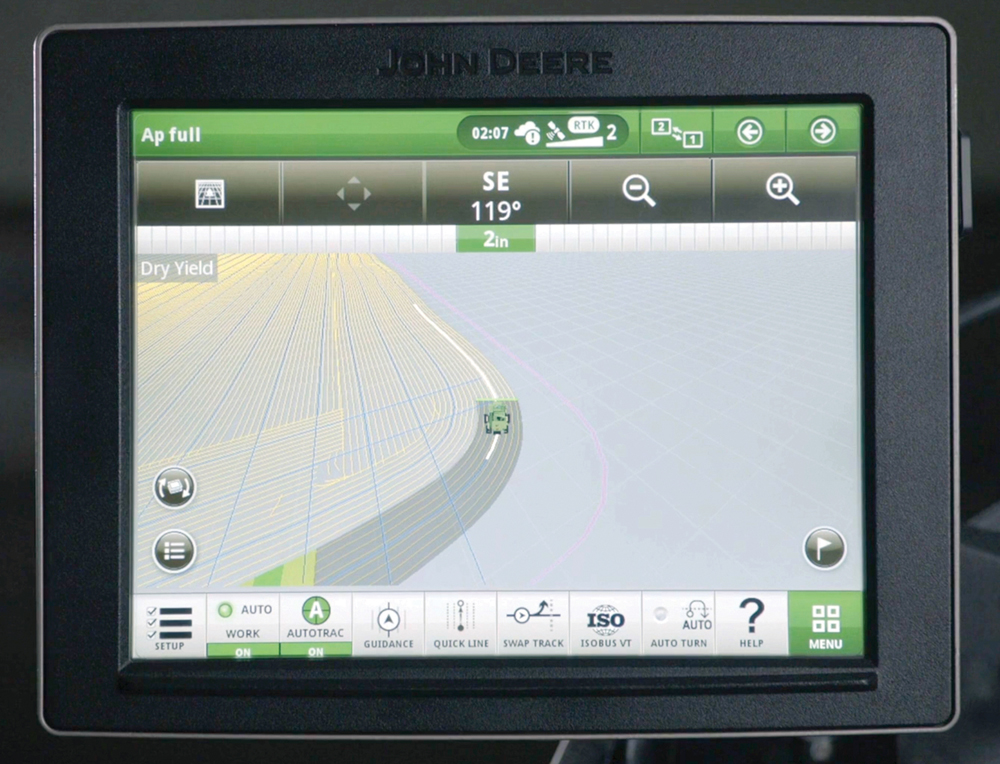 John Deere’s AutoPath guidance records the actual position of crop rows and stores the information, allowing for more accurate in-season passes during spraying and harvesting.
