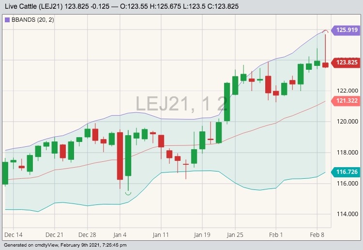 CME April 2021 lean hogs with Bollinger (20,2) bands. (Barchart)
