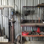 Steel storage made out of ABS pipe and wood (left).