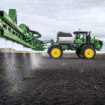 John Deere’s See and Spray Select option activates an individual spray nozzle only when boom cameras detect a green, growing weed below it.