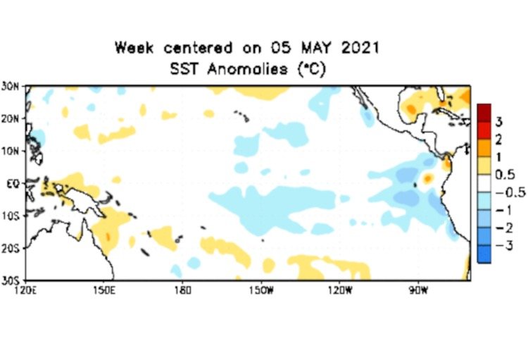 Average sea surface temperature anomalies over the equatorial Pacific Ocean for the week centred on May 5, 2021 compared to 1981-2010 base period. (CPC.ncep.noaa.gov)
