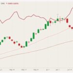 CME August 2021 lean hogs (candlesticks) with 20- and 50-day moving averages (pink and brown lines) and August 2021 live cattle (red line). (Barchart)