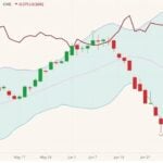 CME August 2021 lean hogs (candlesticks) with Bollinger bands (20,2) and August 2021 live cattle (dark red line). (Barchart)