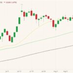 ICE November 2021 canola (candlesticks) with 20-, 50- and 100-day moving averages (yellow, green and black lines). (Barchart)