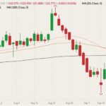 CME October 2021 live cattle (candlesticks) with 20-, 50- and 100-day moving averages (pink, brown and black lines). (Barchart)