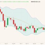 CBOT November 2021 soybeans (candlesticks) with Bollinger bands (20,2). (Barchart)