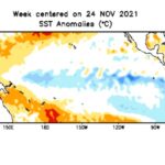 Pacific sea surface temperature anomalies in degrees Celsius for the week centred on Nov. 24, 2021. Cooler-than-neutral sea surface temperatures at the equator are known to set up a La Nina event. (CPC.ncep.noaa.gov)