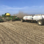 Anhydrous ammonia is applied in a mid-row band.