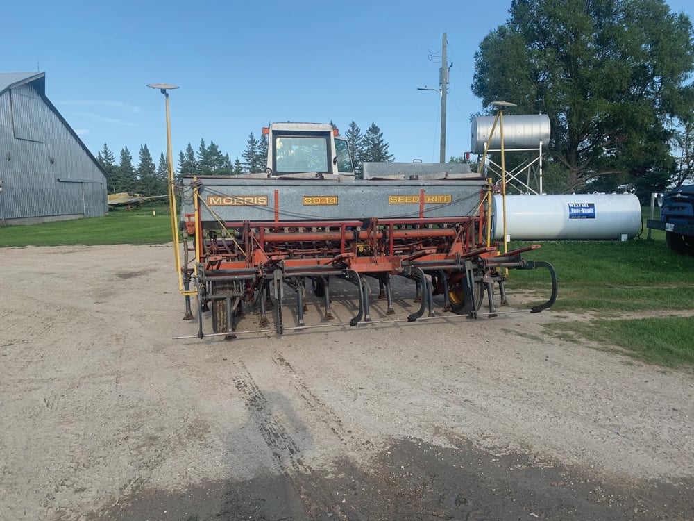 This menacing-looking machine is a Morris Seed-Rite 80-14 seed drill. Hardman used it as recently as two summers ago. The 14-foot drill was manufactured in the late 1970s. Hardman says it is rarely used these days on most farms and most remaining models can be found “in the bush now.”