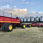The 70-foot-wide Seed Hawk air drill at Bailla Farms has a 980-bushel tank with four compartments. With sectional controls every 10 feet across the width of the drill, it is very responsive to variable-rate seed and fertilizer placement as it passes over 10 different production zones in each field.