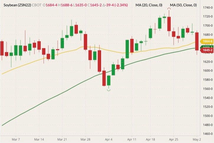 CBOT July 2022 soybeans (candlesticks) with 20- and 50-day moving averages (yellow and green lines). (Barchart)
