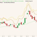 CBOT July 2022 wheat (candlesticks) with 20-day moving average (light green line) and MGEX and K.C. July 2022 wheats (yellow and orange lines). (Barchart)
