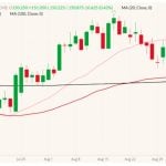 CME December 2022 live cattle (candlesticks) with 20-, 50- and 100-day moving averages (pink, dark red and black lines). (Barchart)