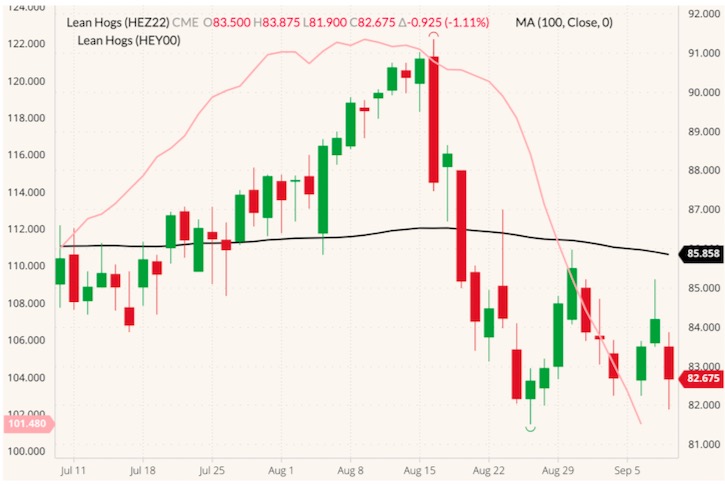 CME December 2022 lean hogs (candlesticks) with 100-day moving average (black line, right column) and CME cash lean hog index (pink line, left column). (Barchart)
