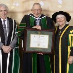 In June, Grainews Soils and Crops columnist, Les Henry, was awarded the honorary doctor of laws degree from the University of Saskatchewan in appreciation of his lifetime achievements. From left to right: U of S president Peter Stoicheff, Les Henry and U of S chancellor Grit McCreath.
