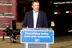 Nate Horner, shown here speaking Oct. 4, 2022 at Southland Trailers at Lethbridge, was named Oct. 21 as Alberta&#8217;s minister of agriculture and irrigation. (Alberta government video screengrab via YouTube)
