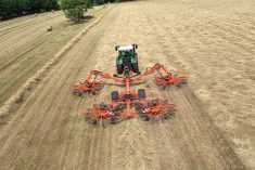 Two new four-rotor rakes from Kuhn are available in working widths from just over 27 feet to 48 feet and three inches.