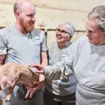 Chris Neufeld, Animal Care and Biosecurity, HyLife, at left, with Karine Talbot, Director of Animal Health, HyLife talk about proper handling procedures with Dr. Temple Grandin.