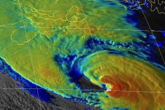 A composite satellite view of Hurricane Fiona nearing Nova Scotia at about 6 p.m. local time on Sept. 23, 2022. (U.S. National Hurricane Center image, NOAA.gov)
