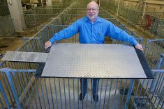 Robert Stwalley, a clinical associate professor in Purdue University&#8217;s department of agricultural and biological engineering, shows the hog cooling pad technology IHT has now licensed to make and sell in North America. (Photo: Tom Campbell/Purdue Agricultural Communication via Canada NewsWire)
