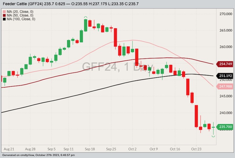 CME January 2024 feeder cattle with 20-, 50- and 100-day moving averages. (Barchart)
