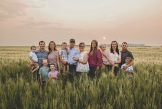 The Leguee Farms family members from left: Jake and Stephanie Leguee with their three children Asher, 8, Grayson, 5, and Tristan, 2; Russ and Sharon Leguee with Russ holding Bo, 2, (Amber and Erik’s son); Sarah Leguee ; and Erik and Amber Nikolejsin and their other two children Dax, 7, and Hazel, 4.