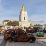 A display of civilian vehicles destroyed in the war in Kyiv. Photo: Aleksandr Gusev/SOPA Images/Sipa USA via Reuters
