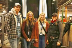 High schoolers from Iowa got hands-on journalism experience interviewing producers at Canadian Western Agribition. Pictured: Jake VanderHeiden, Hannah Grantz, and Katlin Truelsen, with Lexie Girodat of Rocking G Land and Cattle out of Gull Lake, Sask. (Becky Zimmer photo)
