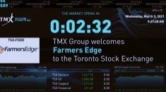 Farmers Edge&#8217; made its initial public offering in March of 2021. The event included a congratulatory note from TMX Group, owner of the TSX. (Farmers Edge video screengrab)

