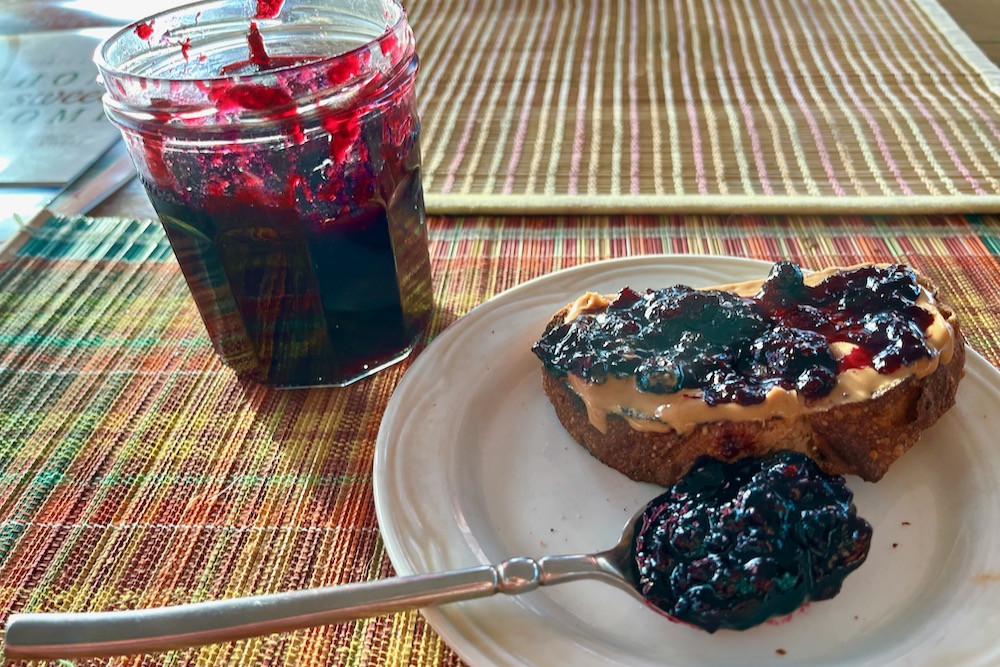 Blueberries from last summer, when it was too hot to even consider canning, were kept frozen until the arrival of better jam-making weather.