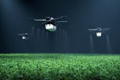 The use of drones to deliver field pesticides, such as in this illustration, has an uphill road ahead, not just in terms of regulation but in technical development.