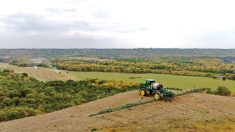 An aerial view of spraying operations at Jake Ayre's family farm near Minto, Man.