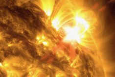 NASA’s Solar Dynamics Observatory captured this image of a strong solar flare on May 8. The image shows a blend of 171 and 131 Angstrom light, subsets of extreme ultraviolet light.