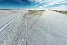 A drone image, taken by Dr. Philip Harder, then with the University of Saskatchewan’s Centre for Hydrology, shows the test field in February 2023 with different amounts of snow trapped by different stubble heights.