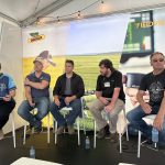 Herbicide resistance discussion panel at the Bayer Crop Science booth at Ag in Motion on Tuesday, July 16. Left to right: Ashley Smith (moderator), Rory Cranston, Chris Mansiere, Shaun Sharpe, Corey Loessin. 
