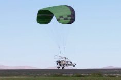 The Stratus AirSprayer is essentially a powered paraglider — one that can carry heavier loads and stay aloft much longer than conventional drones. Photo: Supplied