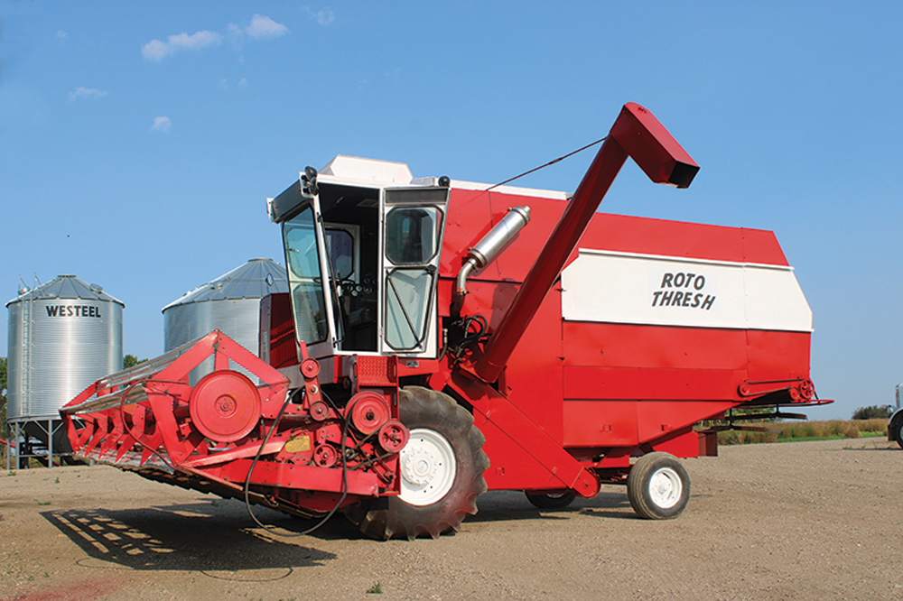 This 1976 Roto Thresh was the 33rd machine built by the company. It used a 66-inch diameter rotating drum as a separating system. It has been restored to fully operational condition.