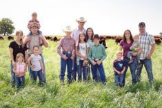 The Doerksens of Gemstone Grass Fed Beef, from left: Lorin with wife Katie and children Norah, Josie, and Lucy; at centre, Daniel with wife Kim and children Gradey, Kyleah and Bowden; at right, Barry with wife Karla and kids Jake and Stanley.
