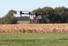 A drone lifts off at Canada’s Outdoor Farm Show at Woodstock, Ont., this September. There are no agricultural pesticides currently approved for application with drones, so agronomists must exercise caution when asked for advice on the practice.