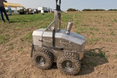 Developed by Upside Robotics of Waterloo, Ont., this small robot is designed to work continuously in a group, travelling between 30-inch corn rows, to apply in-season fertilizer.