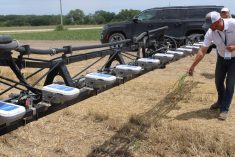 Justin Prickel demonstrates the WeedSeeker 2 system’s ability to detect a weed during Agco’s 2024 Tech Day event near Salina, Kansas in June. PTx Trimble is now part of a joint venture between Trimble and Agco.