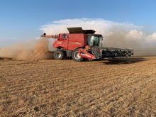 Jason Waldenberger’s combine in action right after his Seed Terminator was installed in the field.