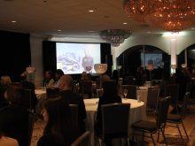 A crowd of ag-minded individuals gathered during the 2025 Crop Production Show to watch the premiere of License to Drive, the second in a series of documentaries featuring the Ag in Motion farm show near Langham, Sask. | Janelle Rudolph photo
